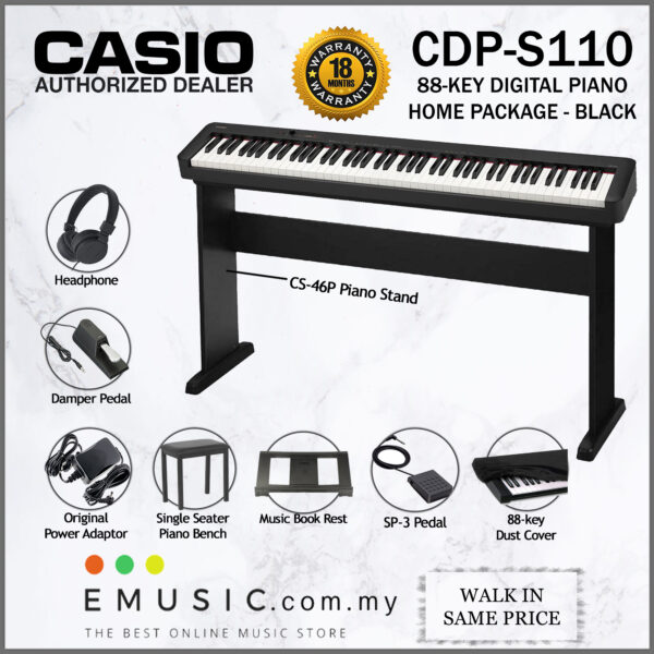 Casio CDP-S110 88 Key Digital Piano Home Package With Headphone, Bench, Stand, Dust Cover - Black (CDPS110 / CDP S110)