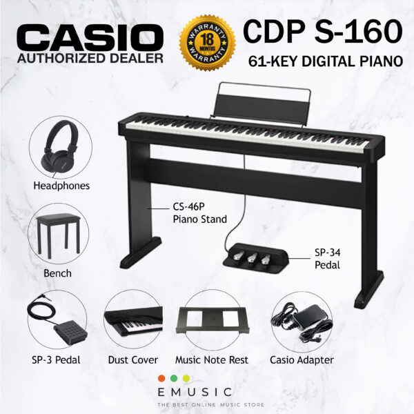 Casio CDP-S160 88 Key Digital Piano Home Package with Headphone, Bench, Stand, Dust Cover - Black (CDPS160 / CDP S160)