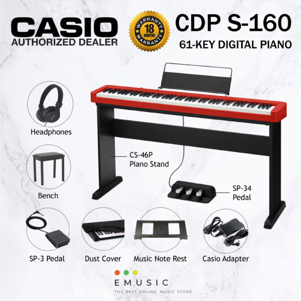 Casio CDP-S160 88 Key Digital Piano Home Package with Headphone, Bench, Stand, Dust Cover - Red (CDPS160 / CDP S160)