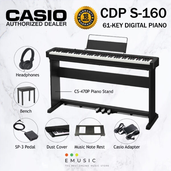 Casio CDP-S160 88 Key Digital Piano Education Package with Headphone, Bench, Stand, Dust Cover - Black (CDPS160 / CDP S160)