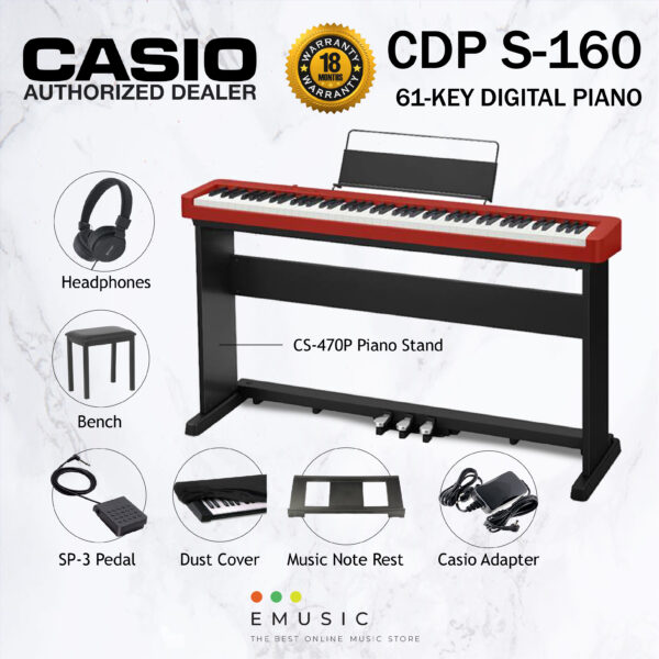 Casio CDP-S160 88 Key Digital Piano Education Package with Headphone, Bench, Stand, Dust Cover - Red (CDPS160 / CDP S160)