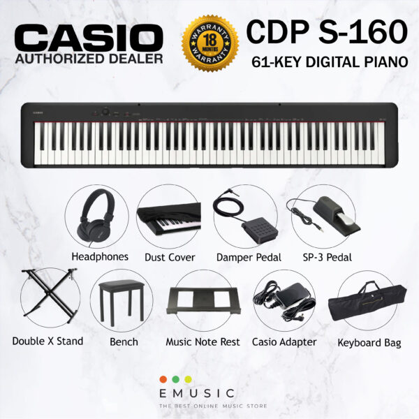 Casio CDP-S160 88 Key Digital Piano Musician Package with Headphone, Bench, Stand, Dust Cover - Black (CDPS160 / CDP S160)