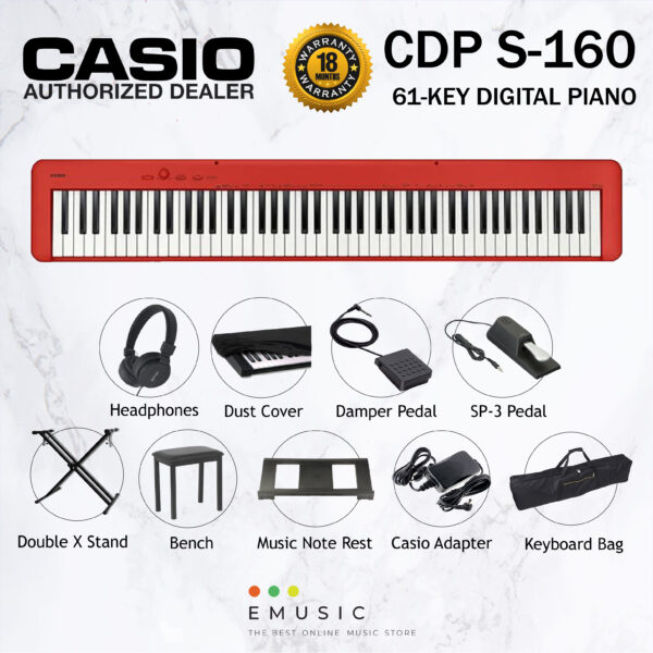 Casio CDP-S160 88 Key Digital Piano Musician Package with Headphone, Bench, Stand, Dust Cover - Red (CDPS160 / CDP S160)