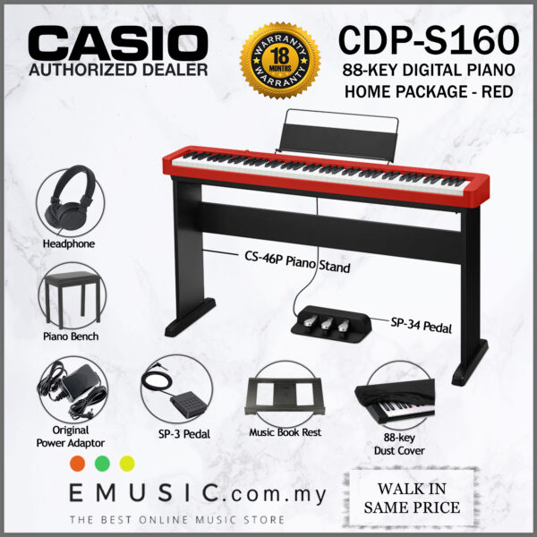Casio CDP-S160 88 Key Digital Piano Home Package - Red (CDPS160 / CDP S160)