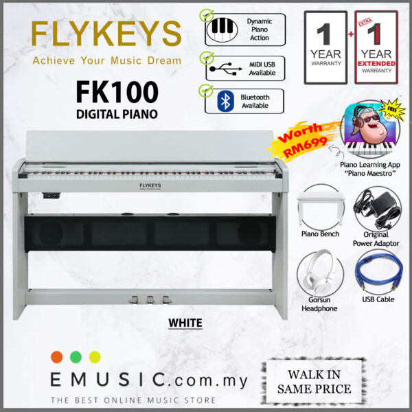 Flykeys FK100 88-key Digital Piano Home Electric Piano Keyboard (FK-100 / FK 100) - White