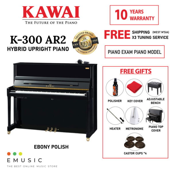 Kawai K300 AR2 New Acoustic Hybrid Silent Upright Piano Ebony (K-300 AR2 / K 300 AR2)