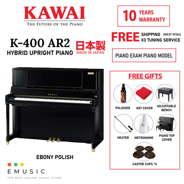 Kawai K400 AR2 New Acoustic Hybrid Silent Upright Piano Ebony (K-400 AR2 / K 400 AR2)