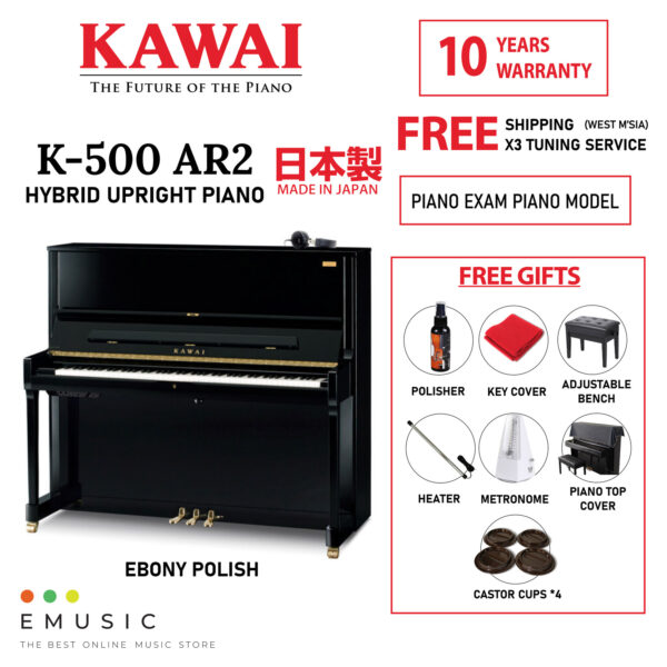 Kawai K500 AR2 New Acoustic Hybrid Silent Upright Piano Ebony (K-500 AR2 / K 500 AR2)