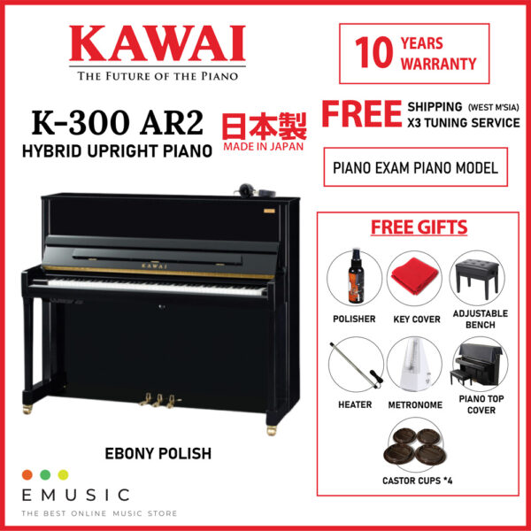 Kawai K300 AR2 (Made in Japan) New Acoustic Hybrid Silent Upright Piano Ebony (K-300 AR2 / K 300 AR2)