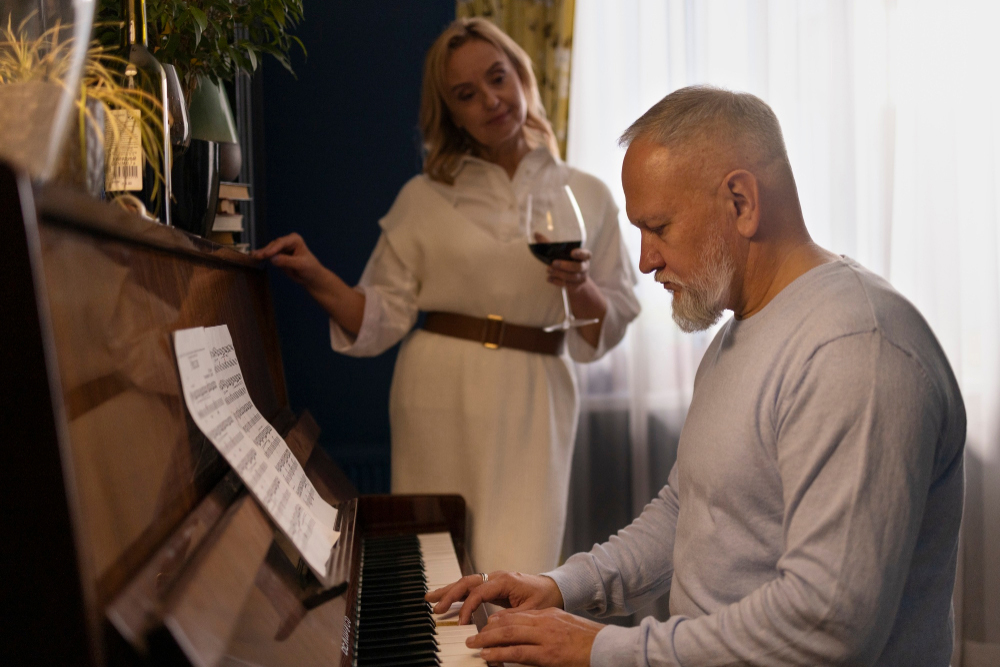 Retired hobbyist enjoying piano at home